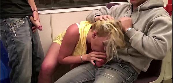  Public subway train sex threesome orgy with a blondr girl with big tits